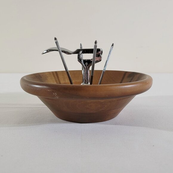 Vintage MCM Mid-Century Wood Nut Bowl with Attached Nut Cracker & Picks 9.5"x5" - Picture 5 of 7